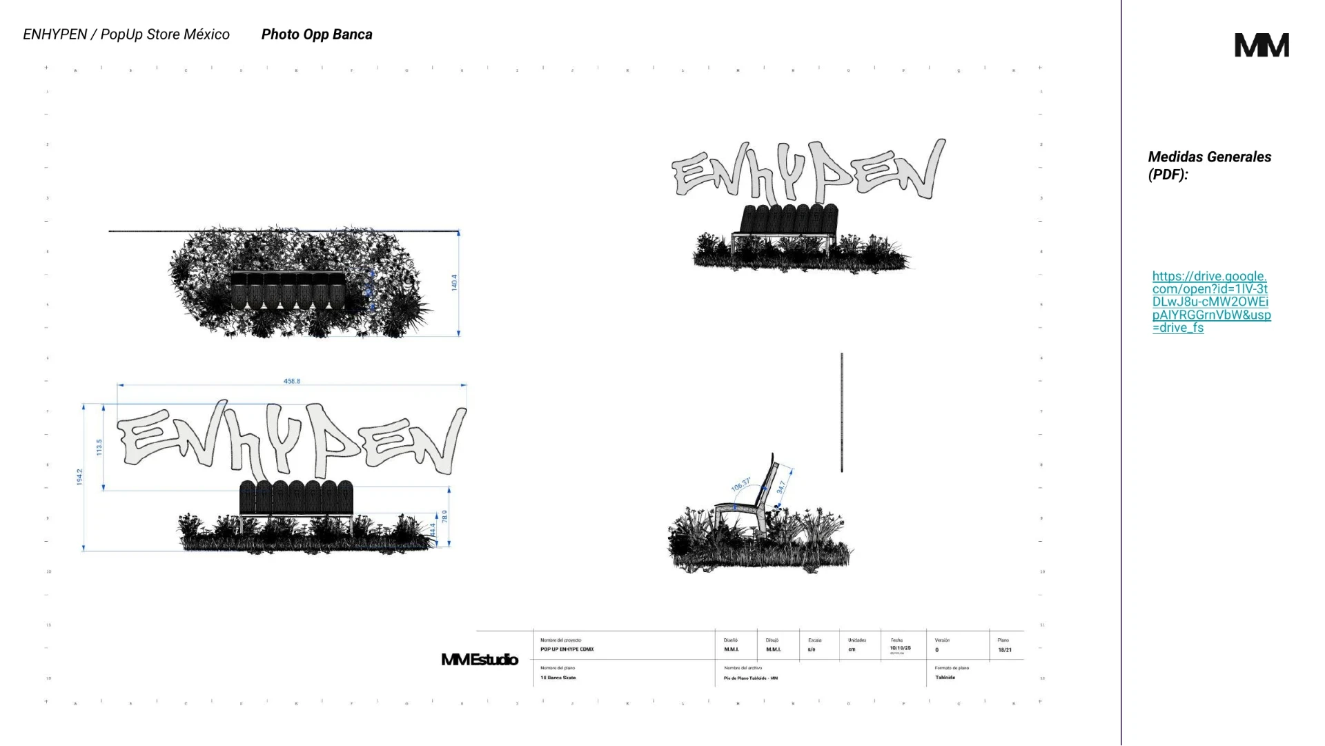 Complete technical drawing of the ENHYPEN photo-op bench