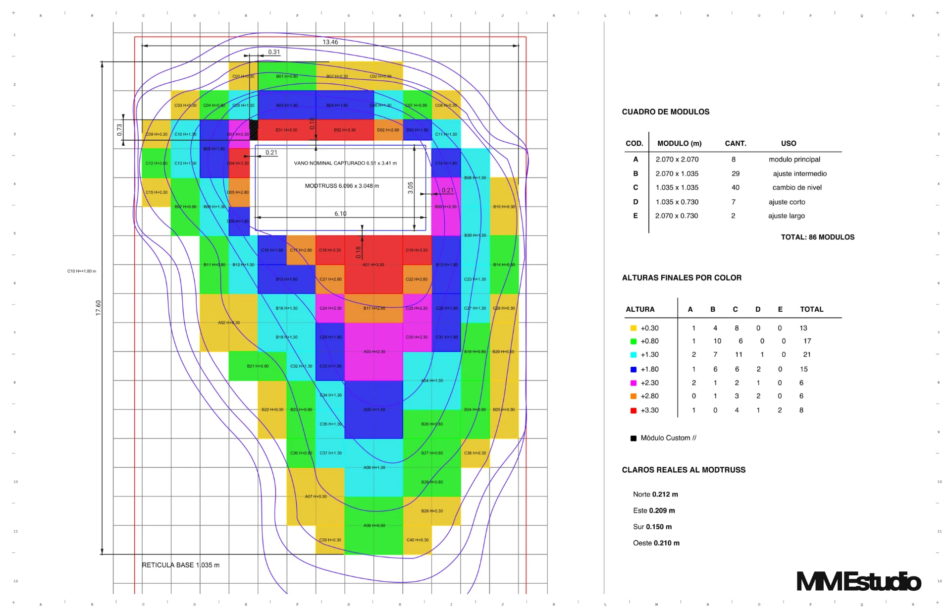 Technical document: Layher modular-base layout plan with modules and levels for the scenic dune