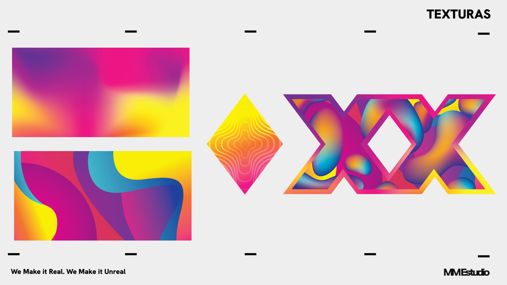 Scenic artwork sheet developed by MM Estudio, showing gradient textures, a diamond graphic and the graphic system applied to the XX stage shape.