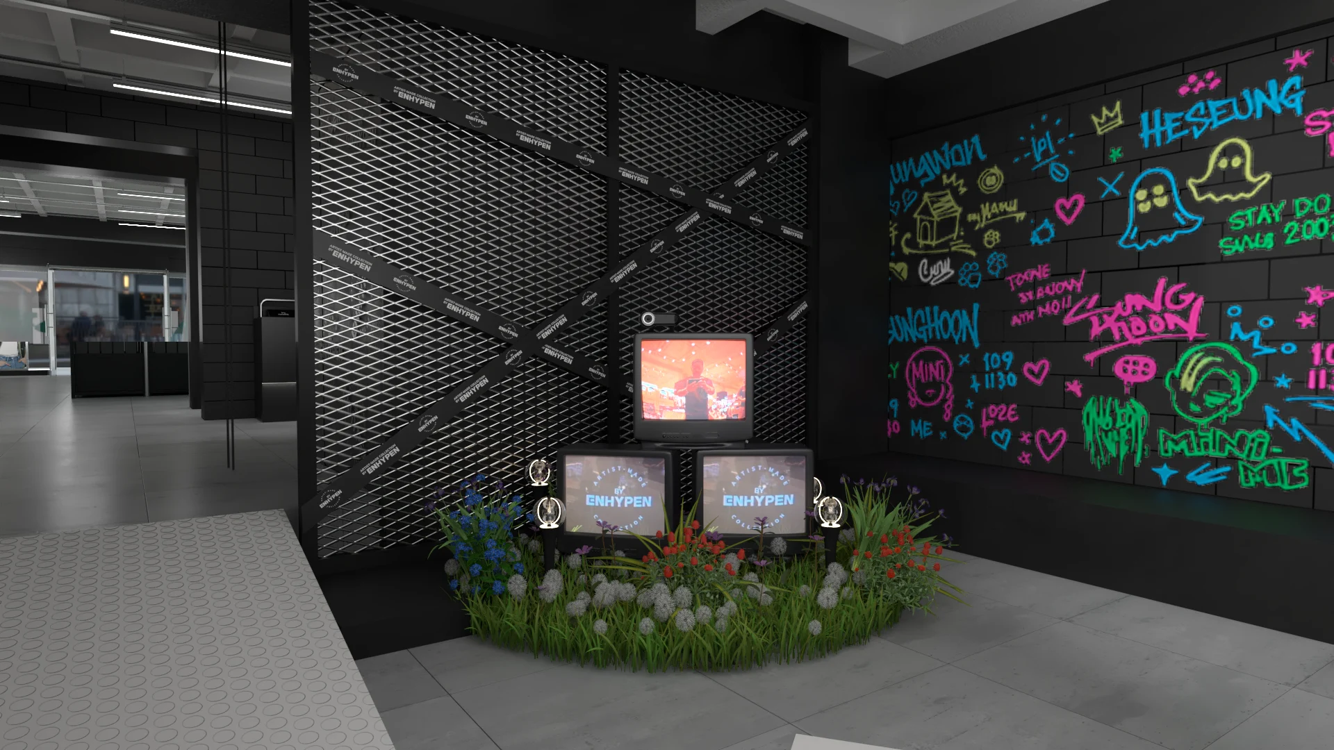 Render of the CRT interaction with expanded metal, screens and planting