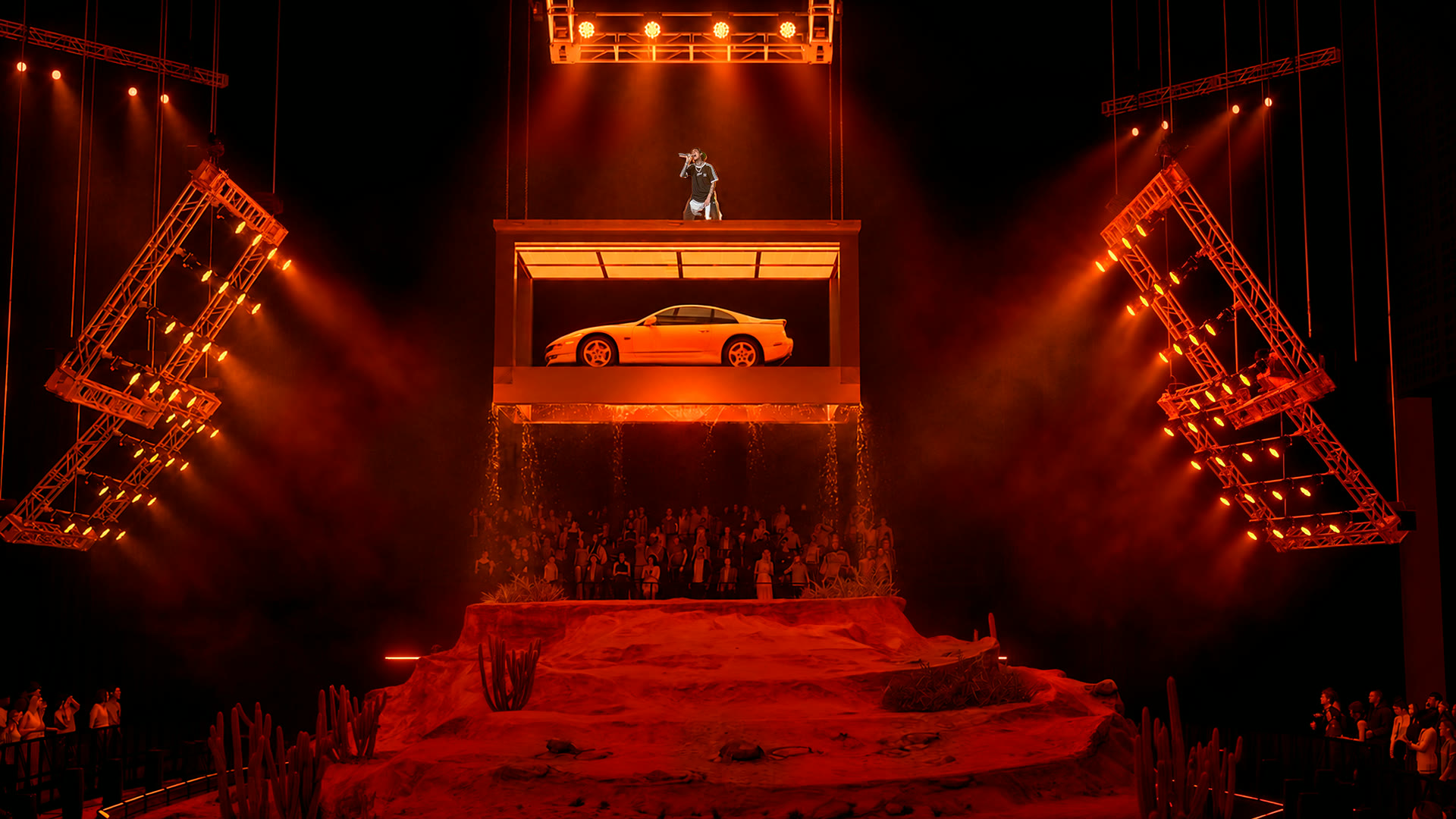 Render: the car revealed from the elevated box above the scenic dune