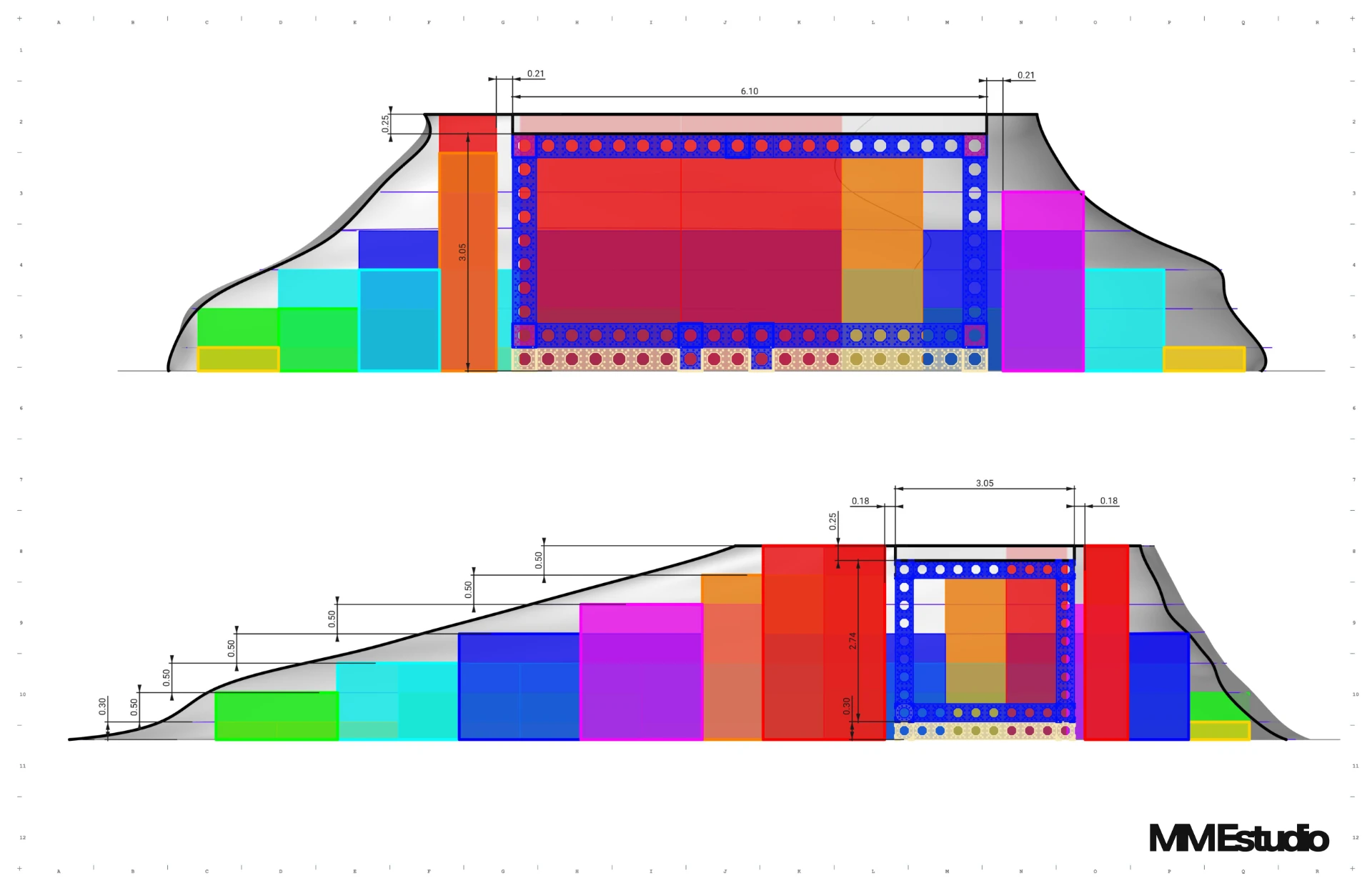 Technical document: sections of the Layher modular base related to the dune profile