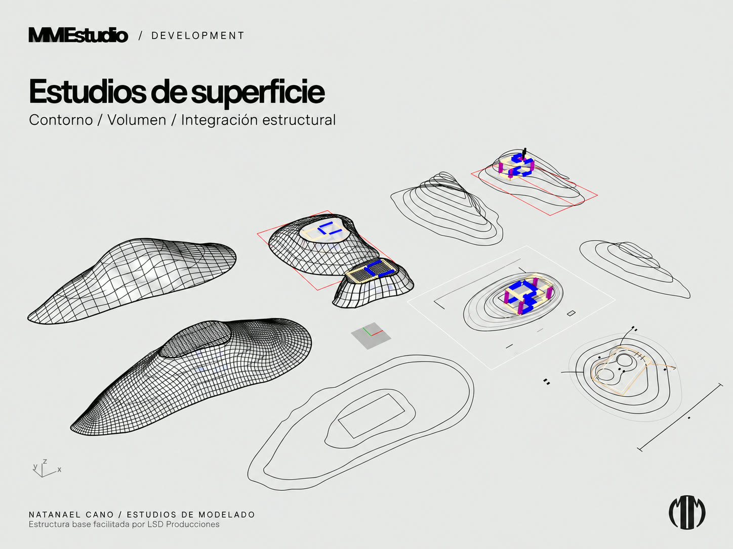 Modelling study sheet: surface explorations with wireframe terrain forms and volume studies