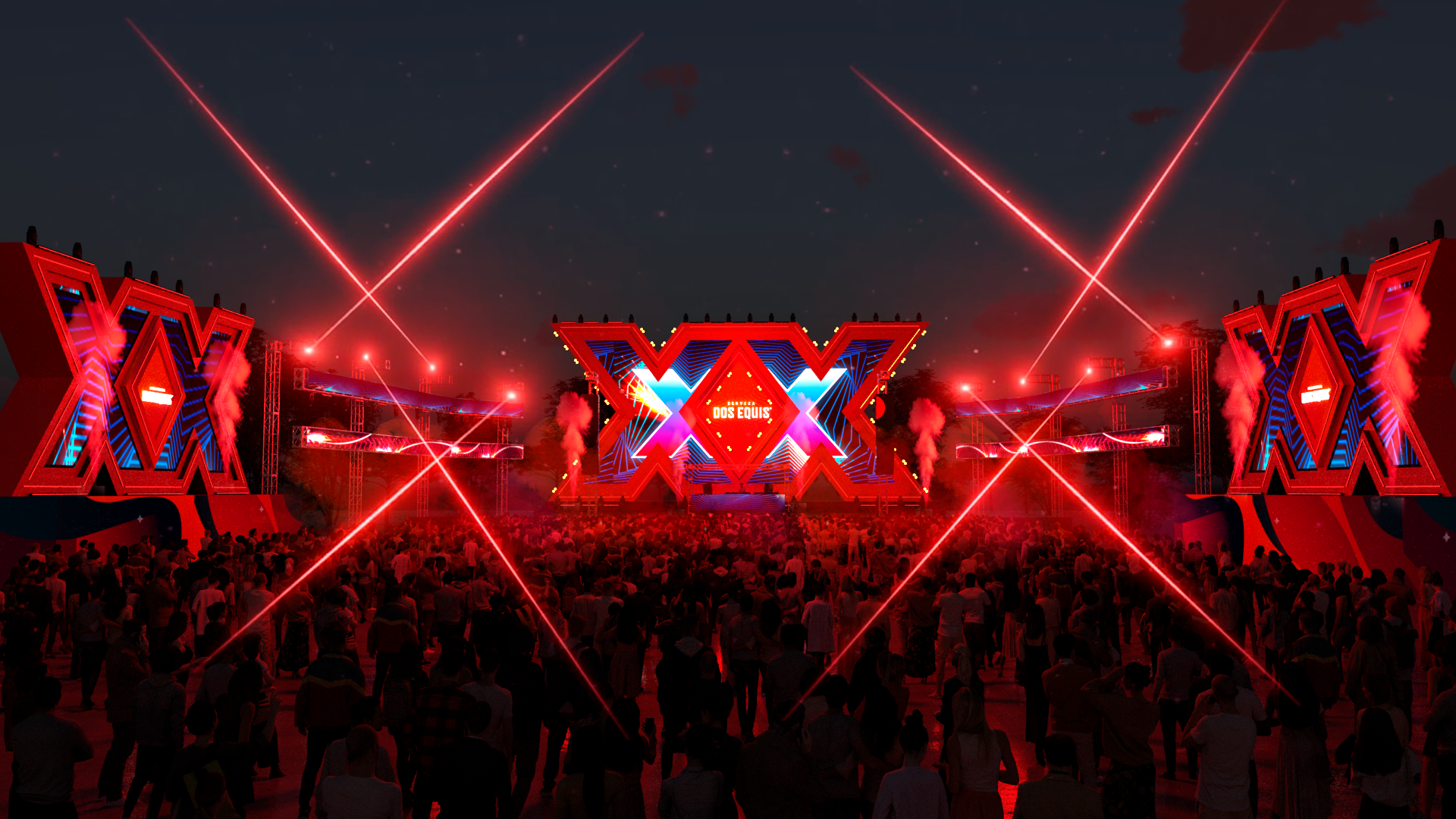 Visualization scenario of the Dos Equis stage at night with red laser beams crossing above the audience.