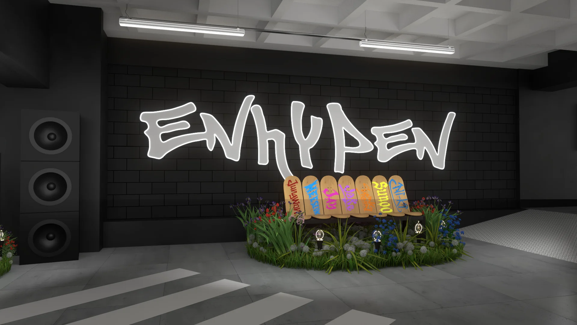 Render of the illuminated ENHYPEN photo-op bench