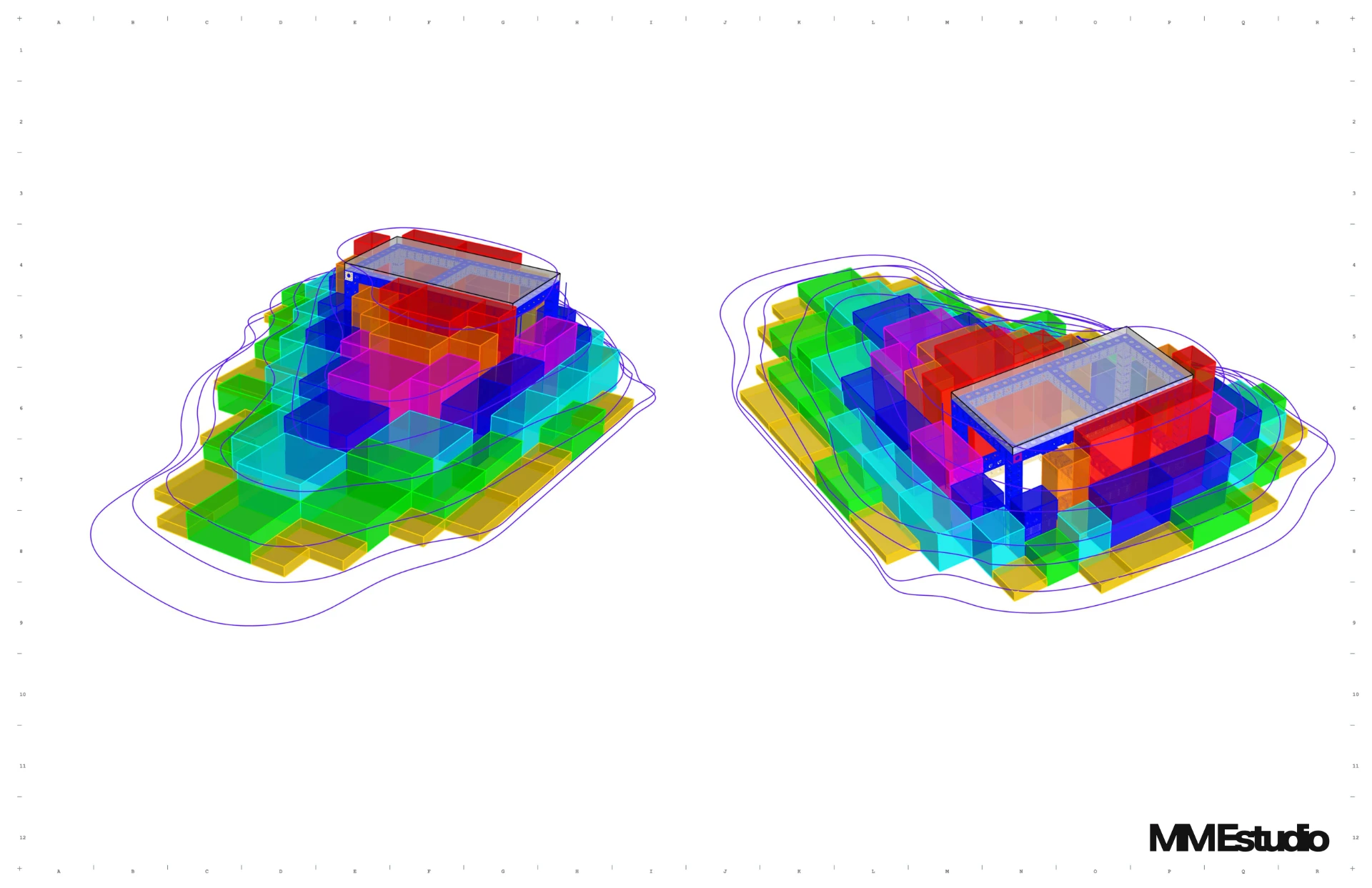 Technical document: 3D perspectives of the Layher modular base integrated with the dune topography