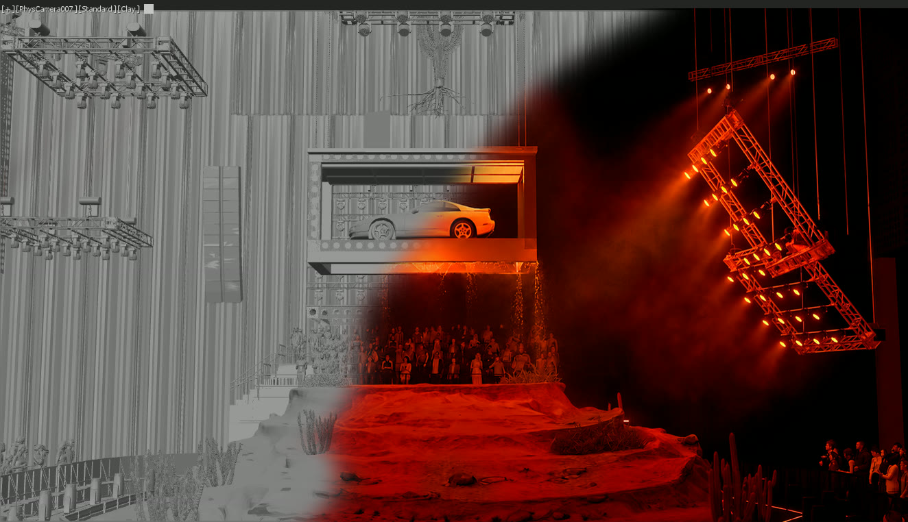 Render: composition showing the transition from the 3D model to the rendered dune stage