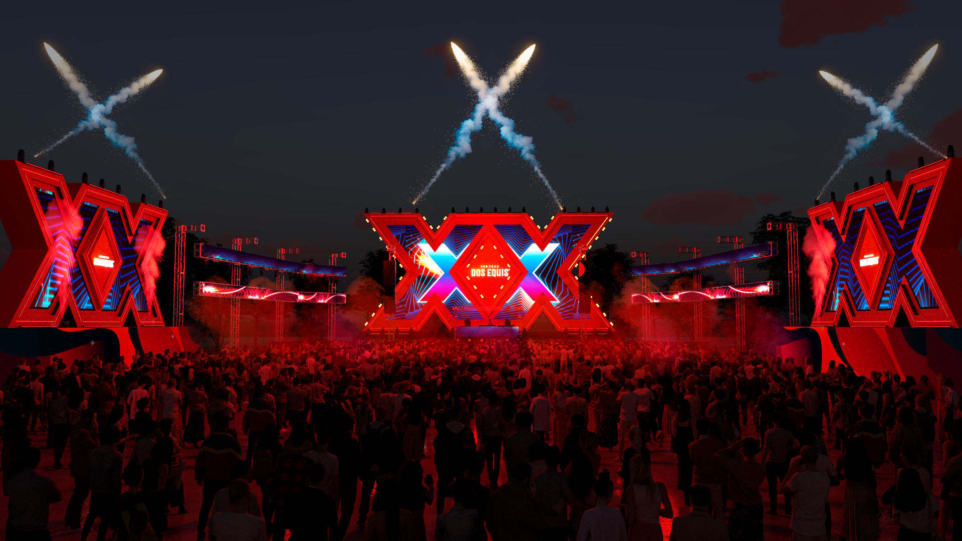 Visualization scenario of the Dos Equis stage at night with pyrotechnic comet trails crossing over the stage.