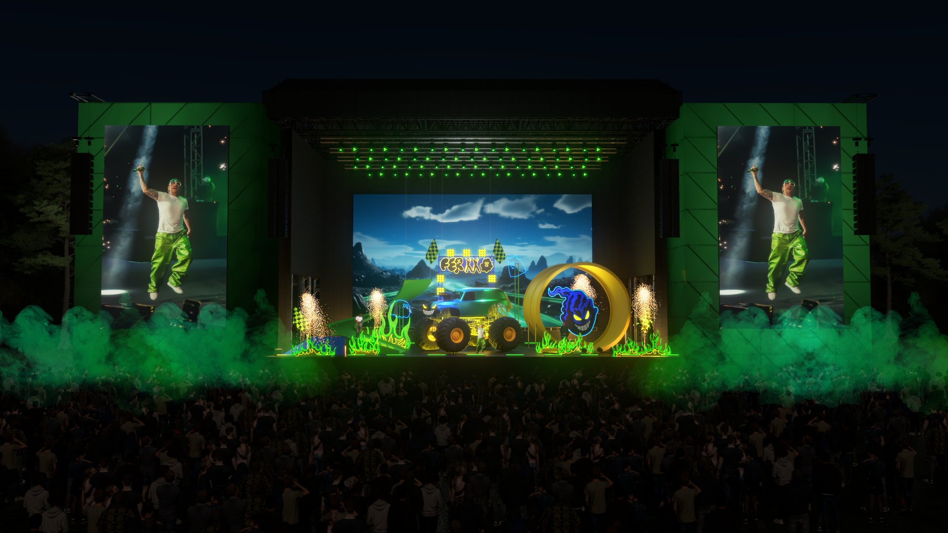 Wide render of the FEID stage with LED wings and crowd