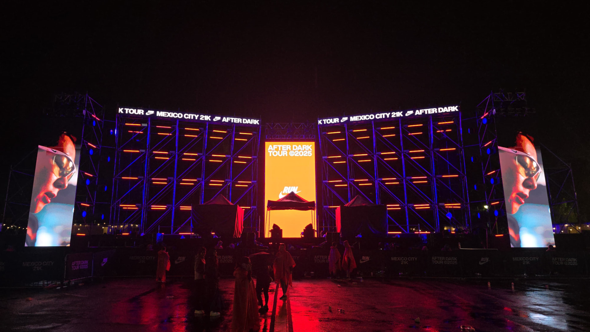 Built Nike After Dark Tour stage and media system at night