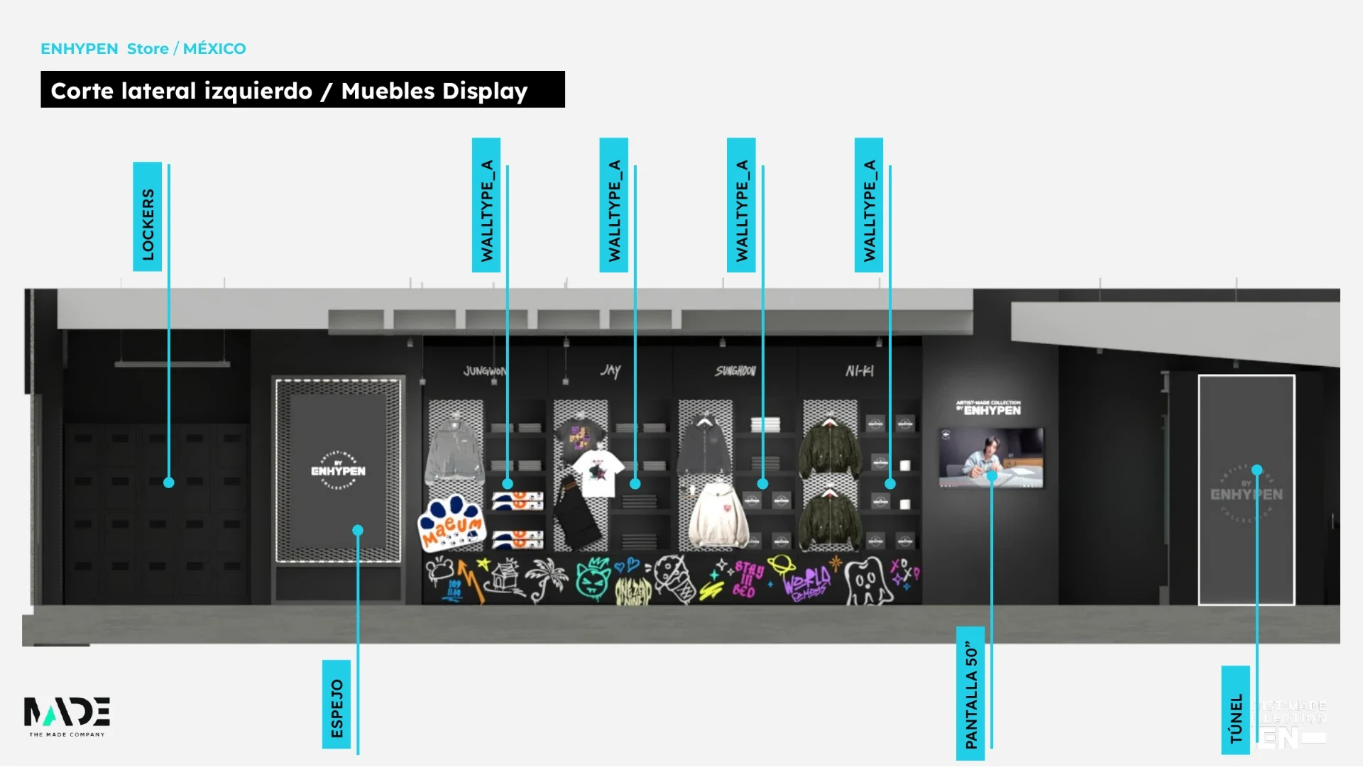 Complete retail system elevation with technical annotations