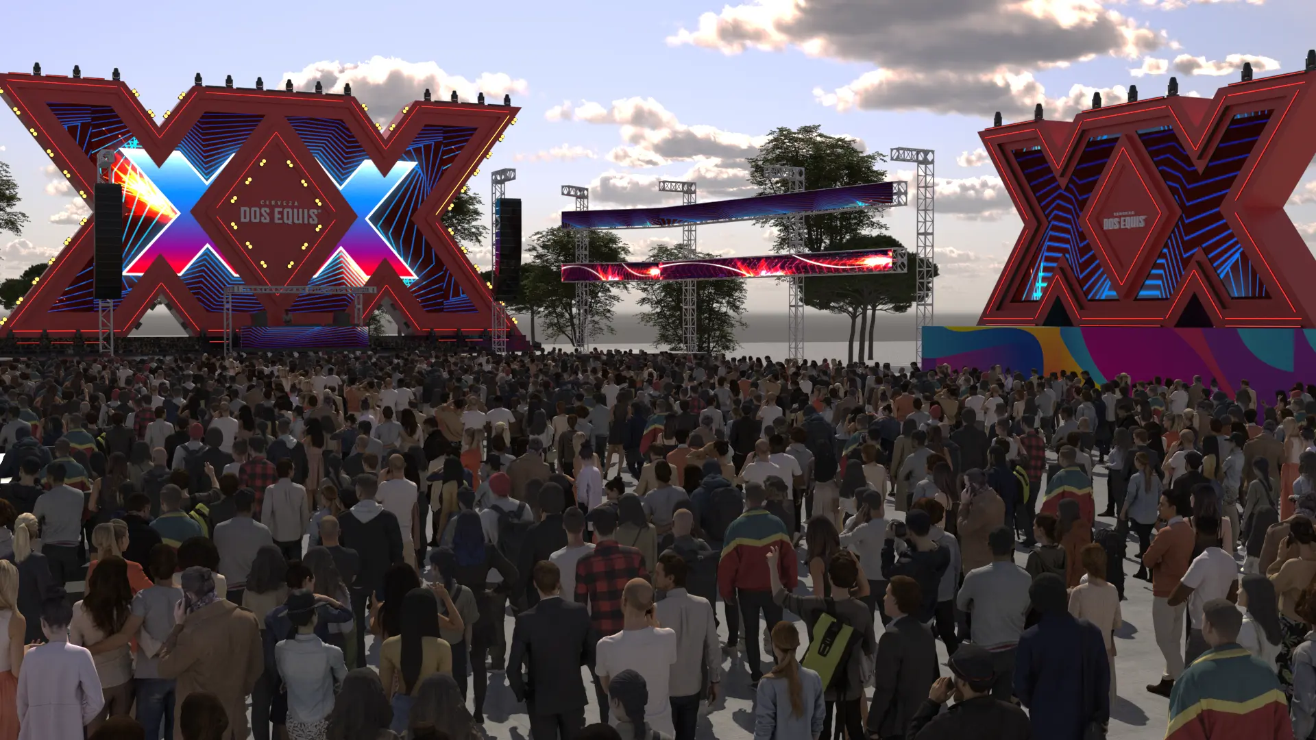 Daytime visualization of the Dos Equis stage seen from an angle, with the lateral tower, panoramic visual bands and audience area.
