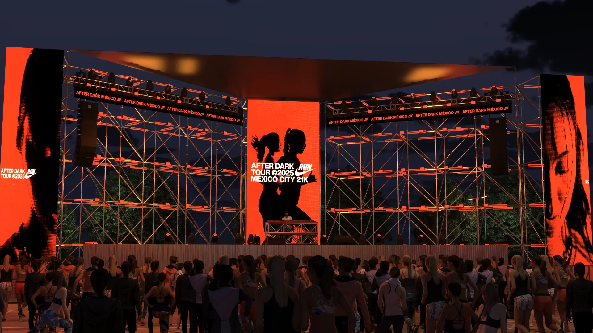 Frontal scenic visualisation of the Nike After Dark Tour Mexico City 21K stage