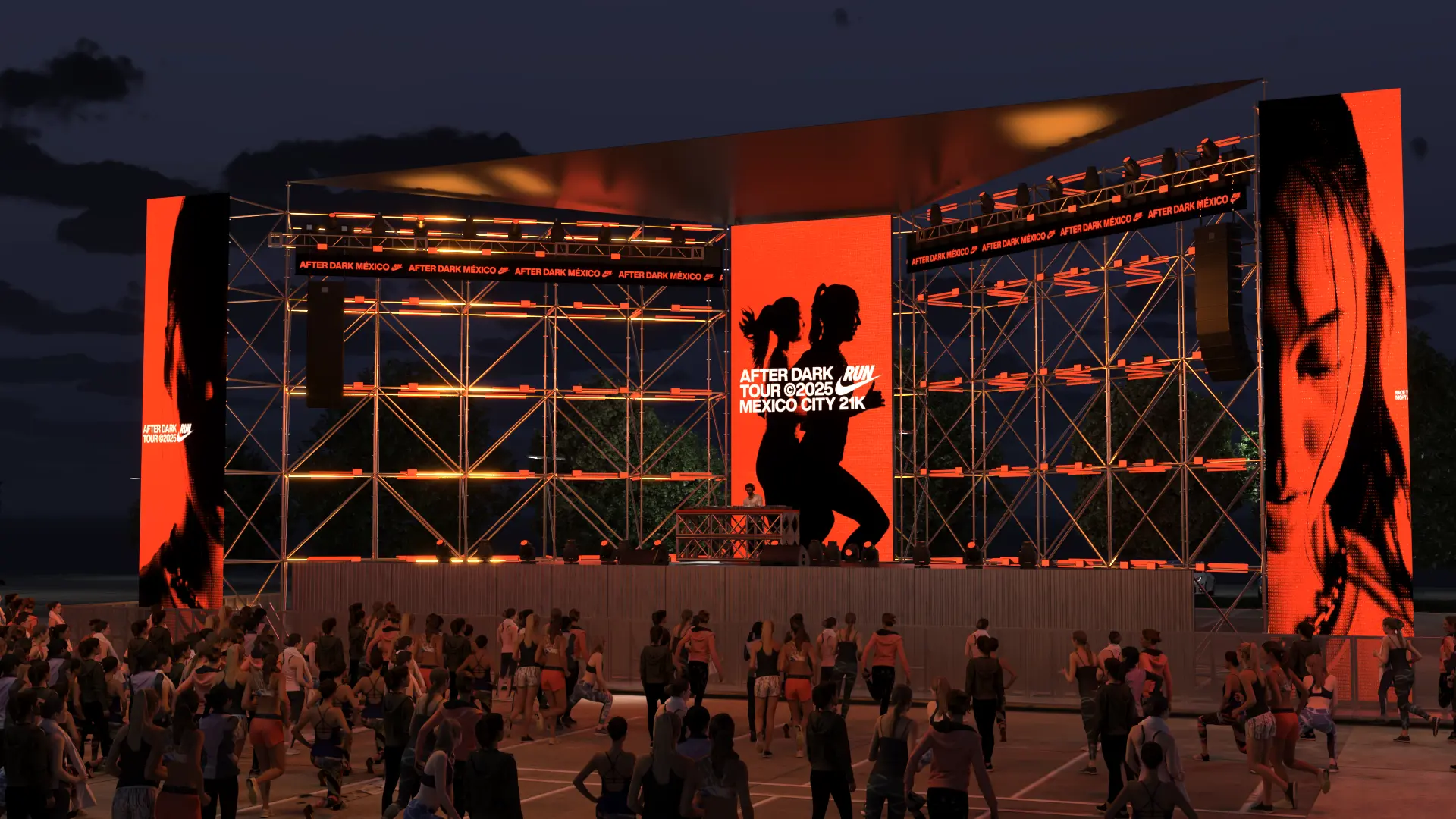 Right-angle scenic visualisation of the Nike After Dark Tour stage