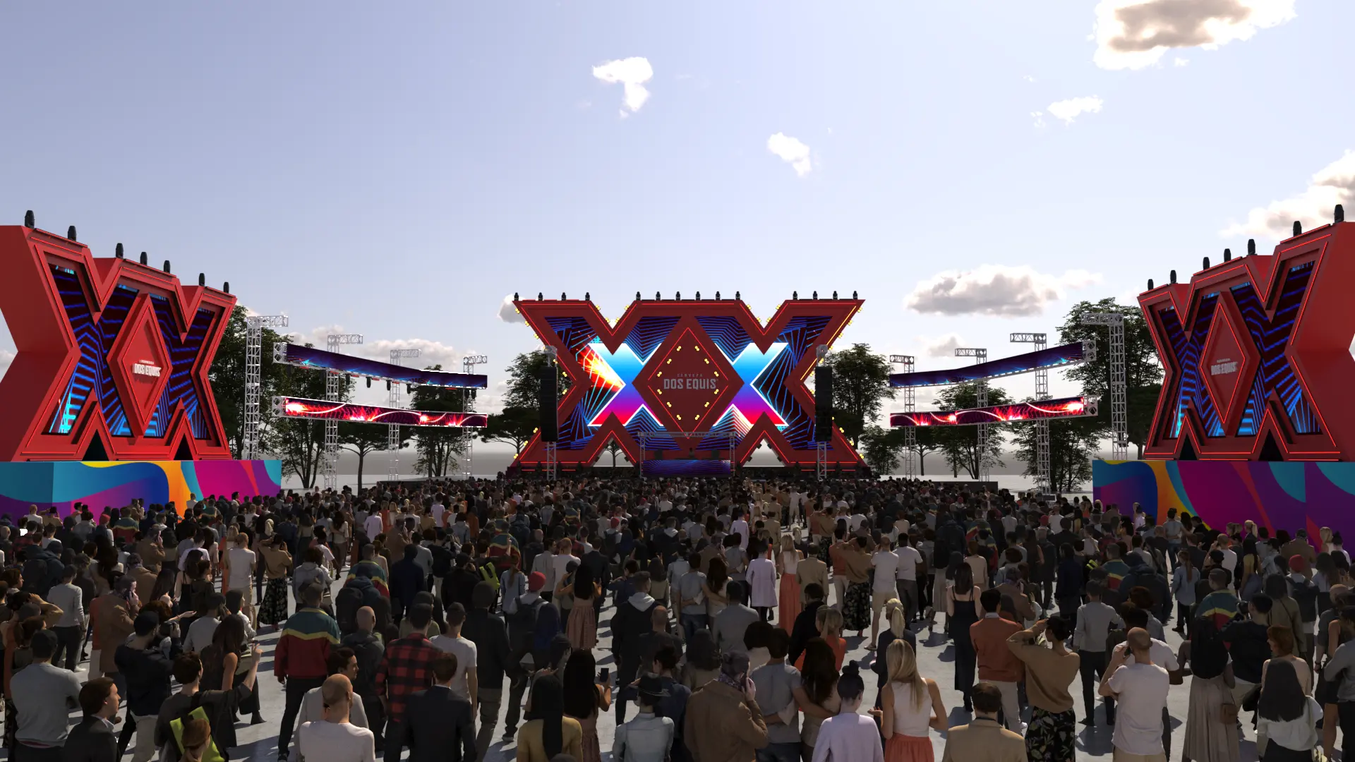 Daytime visualization of the Dos Equis stage proposal for EDC México 2026, showing the central XX stage, lateral XX towers and panoramic visual bands.