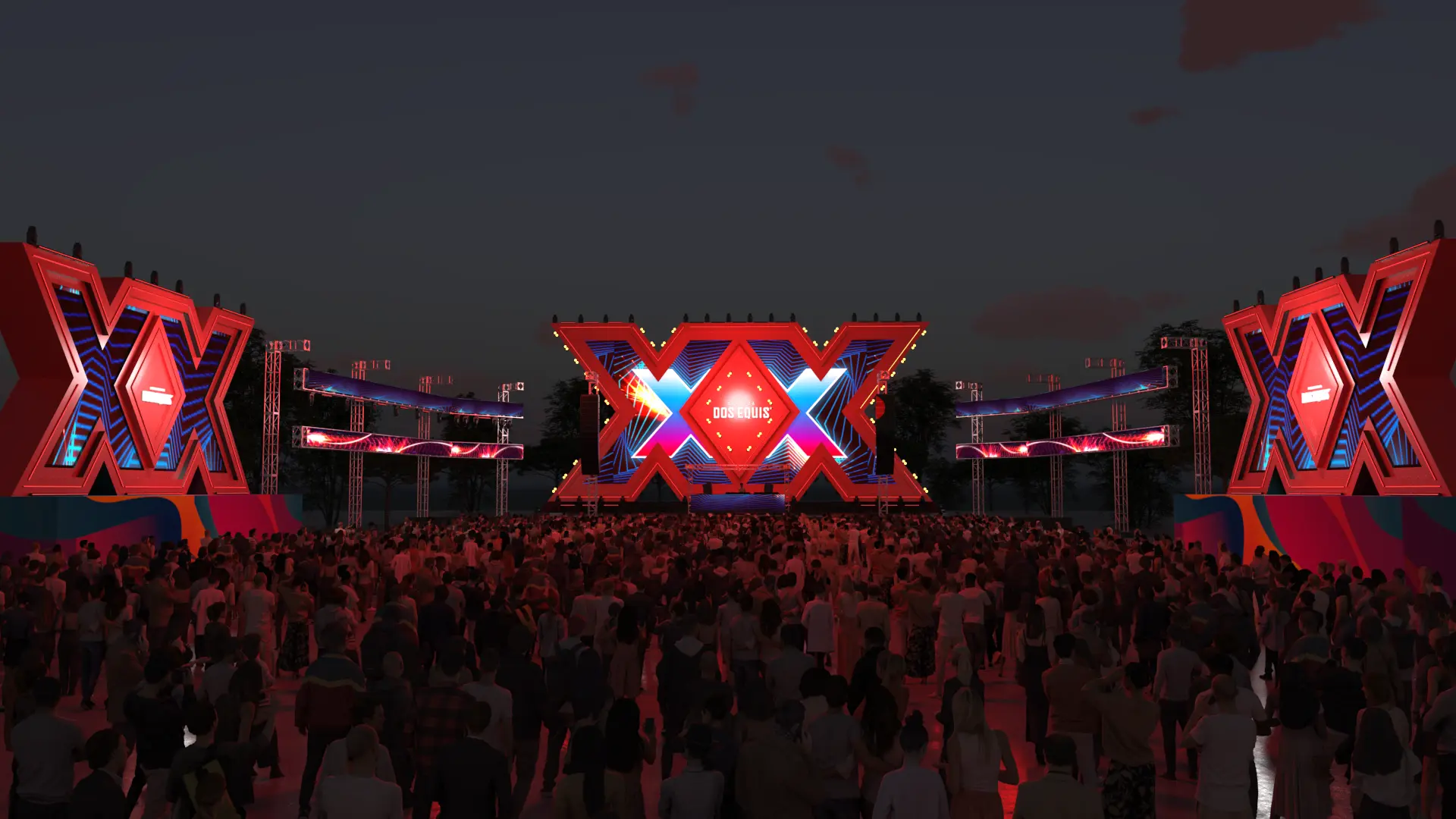 Nighttime visualization of the Dos Equis stage with the central XX illuminated, lateral towers lit and the audience gathered in front.