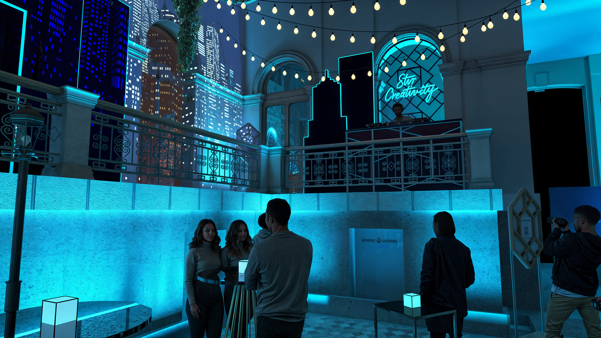 DJ booth and elevated nightlife moment render