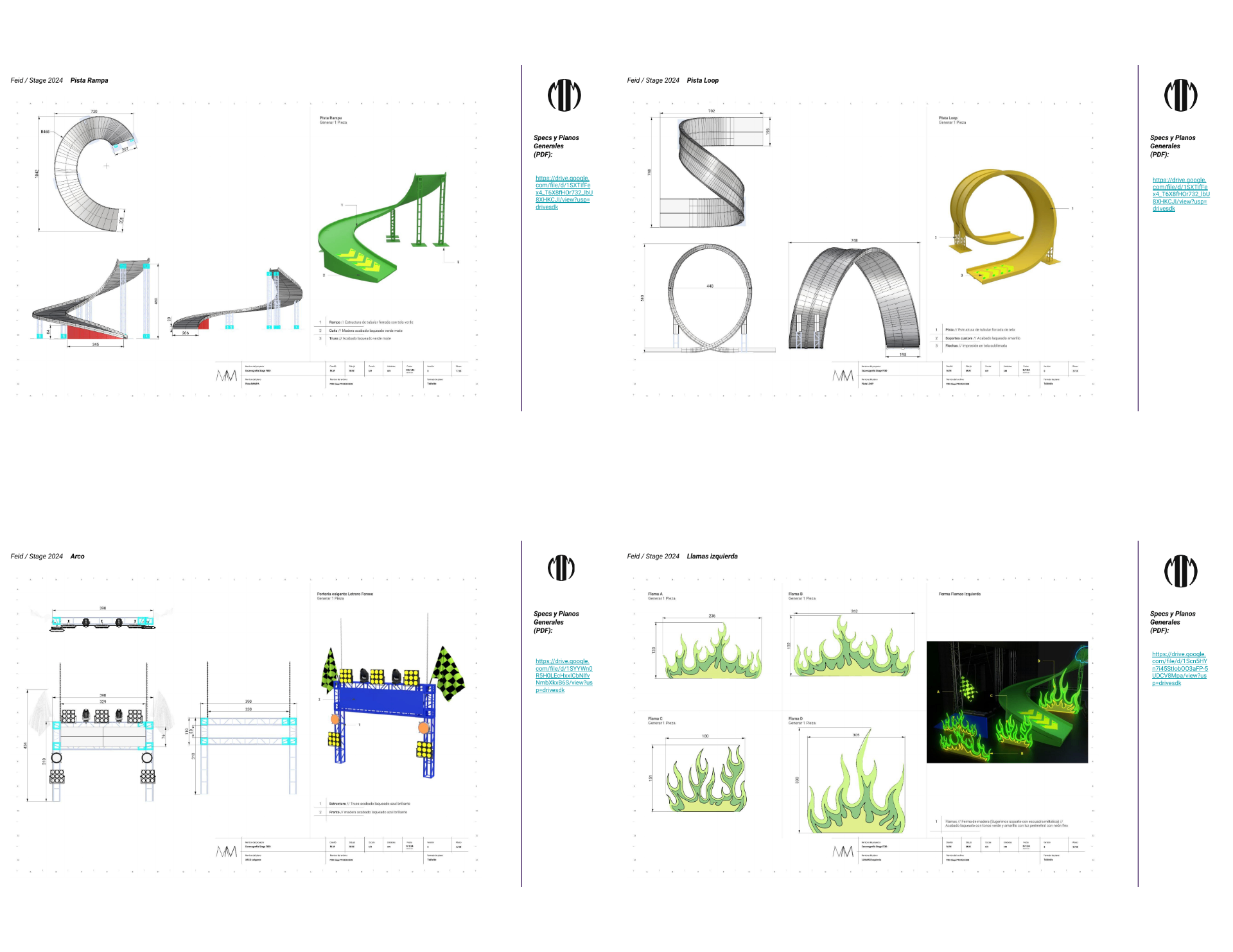 Technical drawings of ramp, loop, arch and flame elements