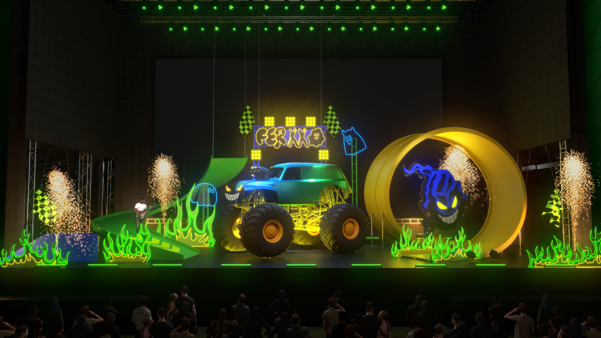 Front render of the FEID stage with arch, monster truck and loop