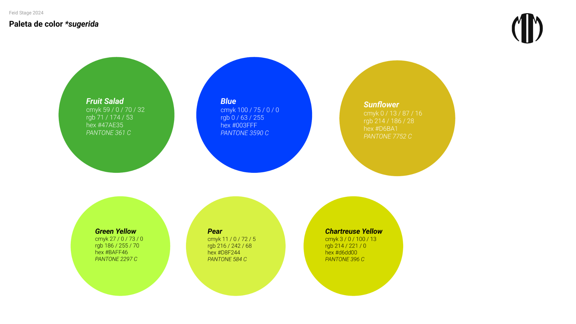 FEID colour palette — Fruit Salad, Blue, Sunflower, Green Yellow, Pear, Chartreuse Yellow