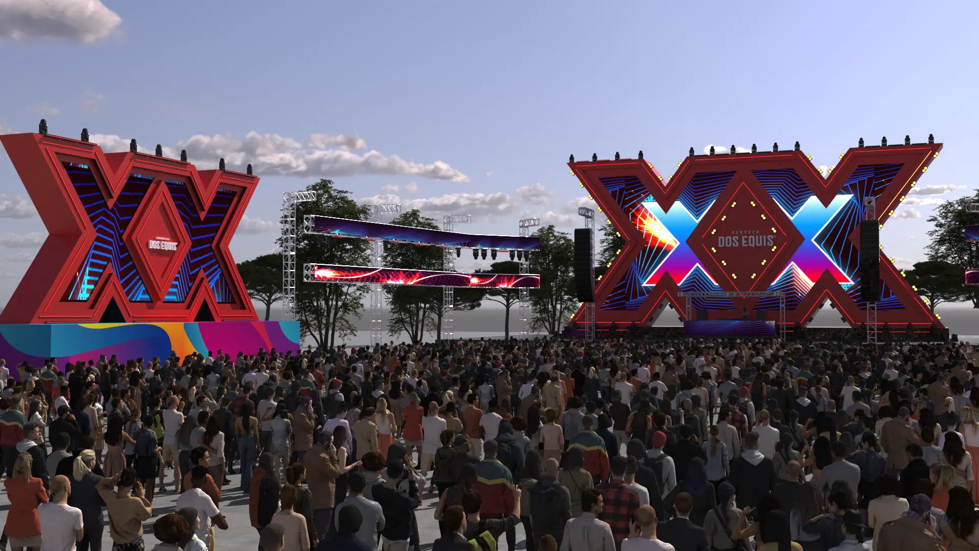 Daytime visualization showing the Dos Equis graphic system continuing from the central stage towards a lateral XX tower.