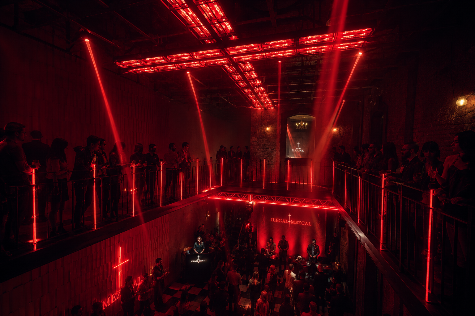 Original MM Estudio visualisation showing the central suspended lighting installation and the spatial organisation proposed for Fiesta Ilegal.