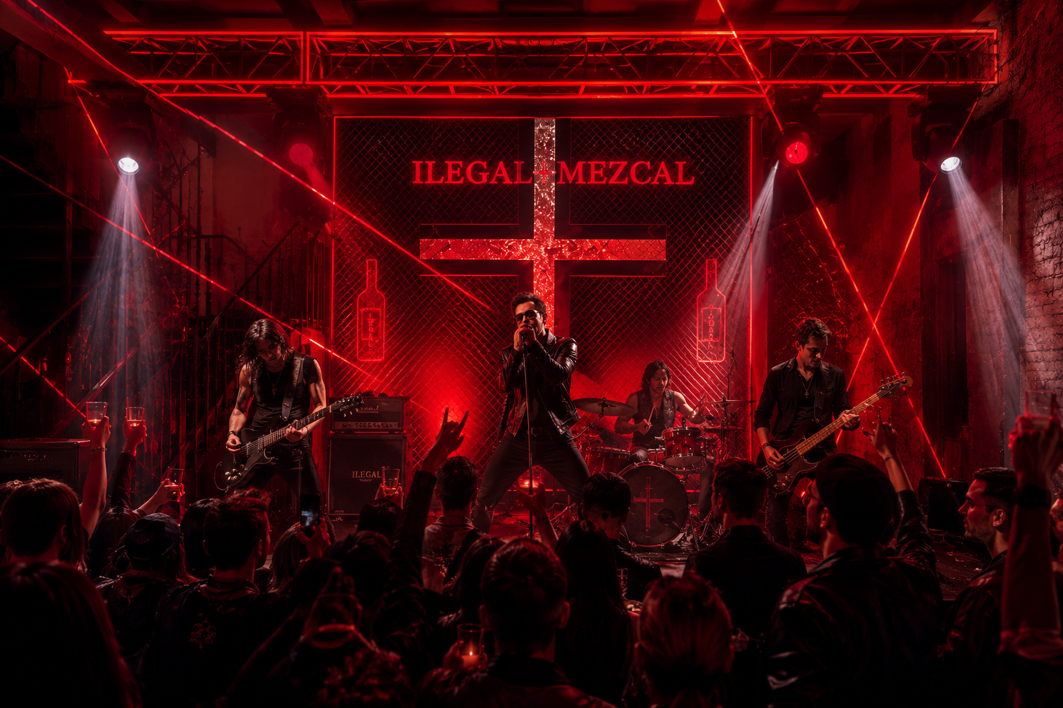 Original MM Estudio stage visualisation featuring an illuminated Ilegal cross, metal mesh and a red neon perimeter.