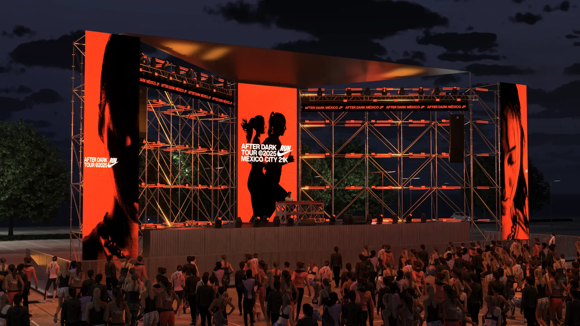 Left-angle scenic visualisation of the Nike After Dark Tour stage