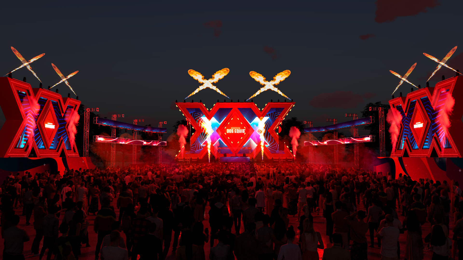 Visualization scenario of the Dos Equis stage at night with crossed hurricane flame effects above the structures.